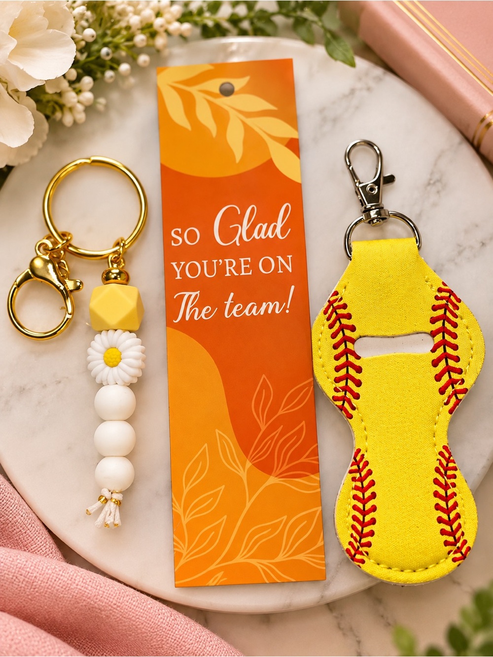Yellow Baseball Leather Hand Sanitizer Keychain Holder with Red Stitching